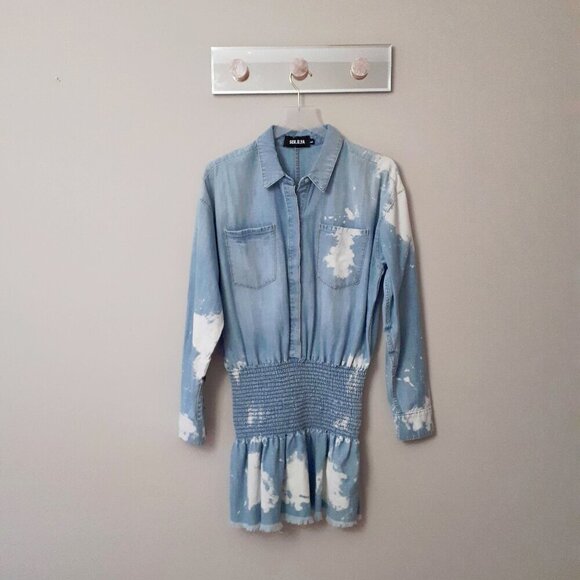 NWT SER.O.YA Monica bleached splashed denim mini dress with smocked waist, L - Picture 12 of 16